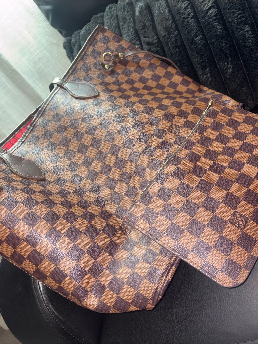 Brown Checkered Tote Bag with Matching Pouch